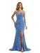 Blue Mermaid Spaghetti Straps V-neck High Slit Cheap Long Prom Dresses,12673