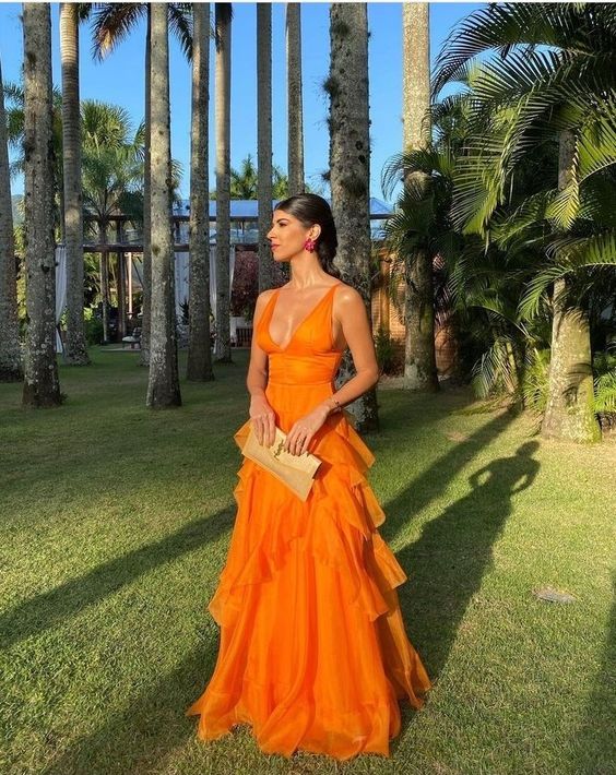 Sexy Orange A-line V-neck Long Party Prom Dresses To Impress,Evening Dress,13423