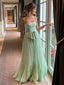 Cute Green A-line Spaghetti Straps Maxi Long Party Prom Dresses,Evening Dress,13272