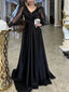 Elegant Black A-line Long Sleeves V-neck Maxi Long Party Prom Dresses, Evening Dress,13204