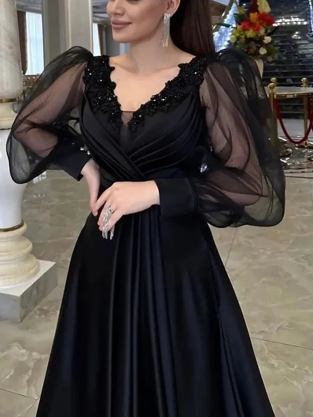 Elegant Black A-line Long Sleeves V-neck Maxi Long Party Prom Dresses, Evening Dress,13204