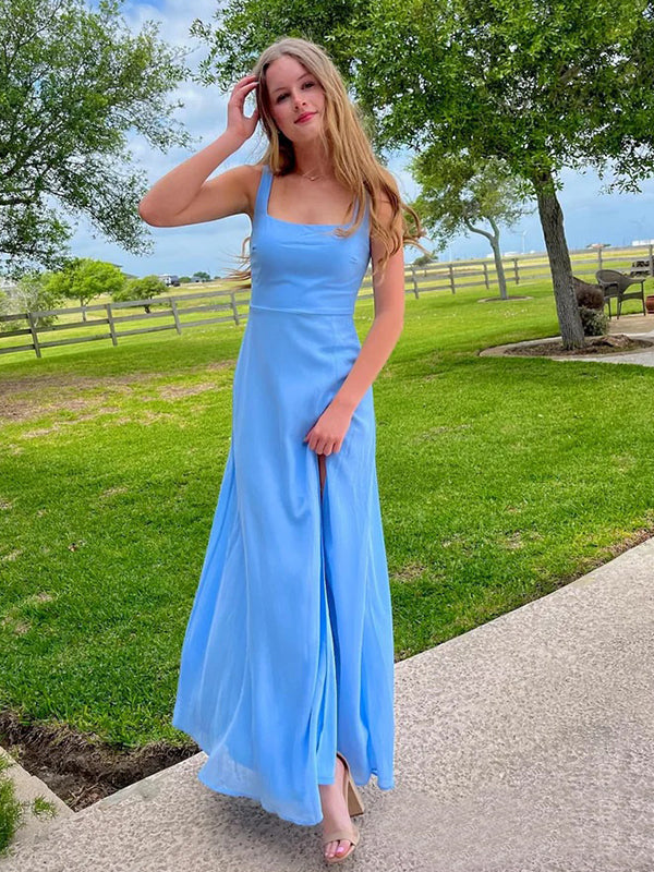 Elegant Blue Square Neckline Maxi Long Party Prom Dresses,Evening Dress,13284