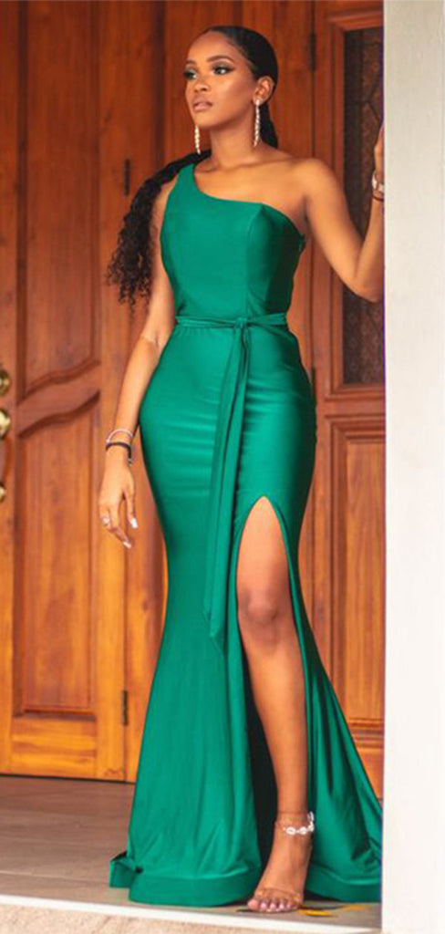 Popular Green Mermaid Side Slit One Shoulder Maxi Long Party Prom Dresses,Evening Dress,13264