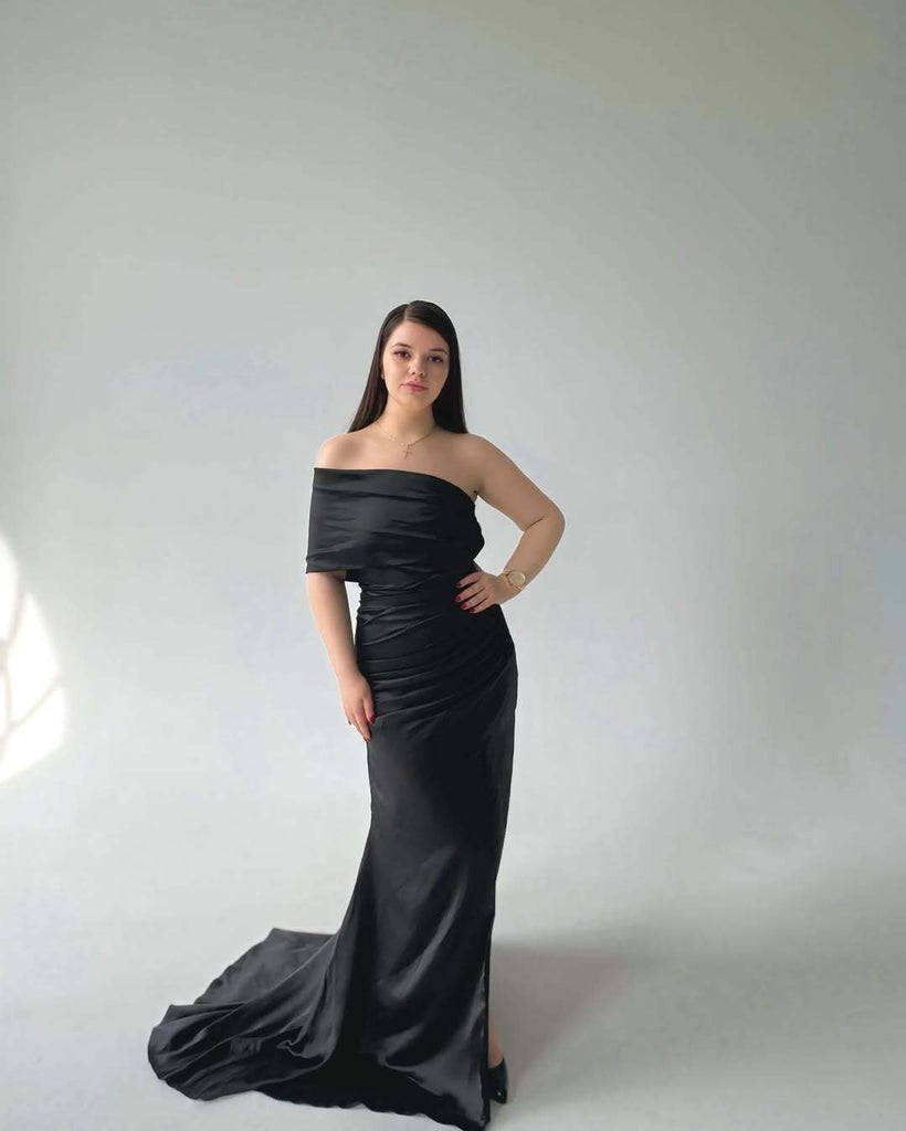 Sexy Black Mermaid Side Slit One Shoulder Mermaid Maxi Long Bridesmaid Dresses,WG1649