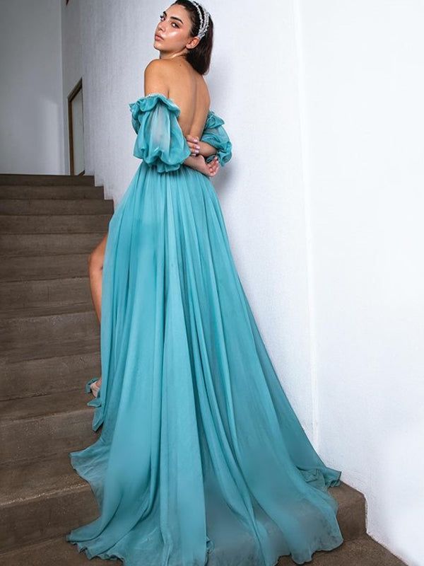Sexy Blue A-line Off Shoulder High Slit Maxi Long Party Prom Dresses,13101