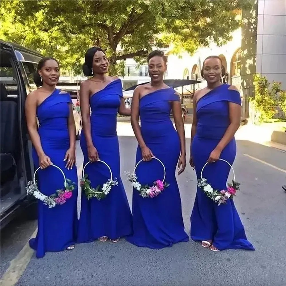 Sexy Blue Mermaid One Shoulder Maxi Long Bridesmaid Dresses For Wedding Party,WG1602