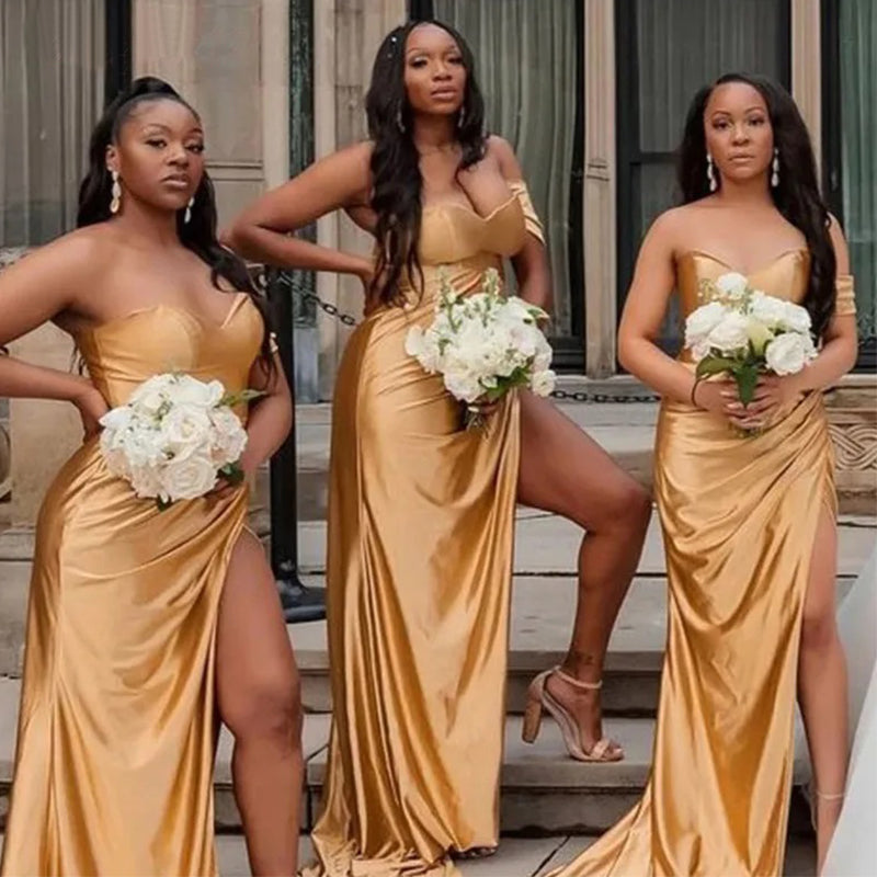 Sexy Gold Mermaid Side Slit Maxi Long Bridesmaid Dresses For Wedding Party,WG1619