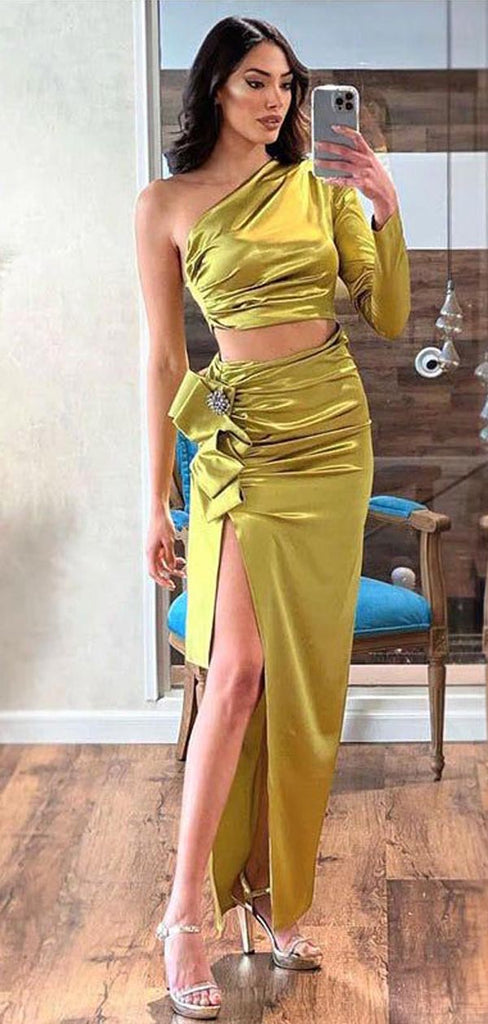 Sexy Green Two Pieces One Shoulder Side Slit Maxi Long Party Prom Dresses,13098
