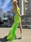 Sexy Lime Green Mermaid Spaghetti Straps Side Slit Maxi Long Party Prom Dresses,13248