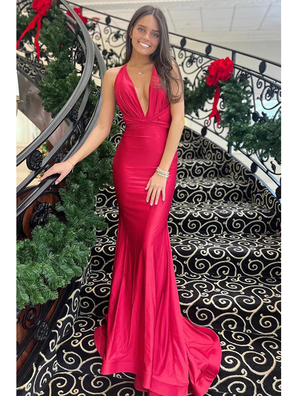 Sexy Red Mermaid V-neck Backless Maxi Long Party Prom Dresses, Evening Dress,13162