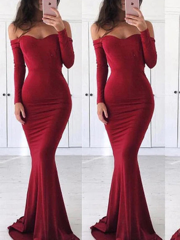 Simple Off Shoulder Long Sleeve Red Mermaid Evening Prom Dresses, Popular Red Party Prom Dresses, Custom Long Prom Dresses, Cheap Formal Prom Dresses, 17201