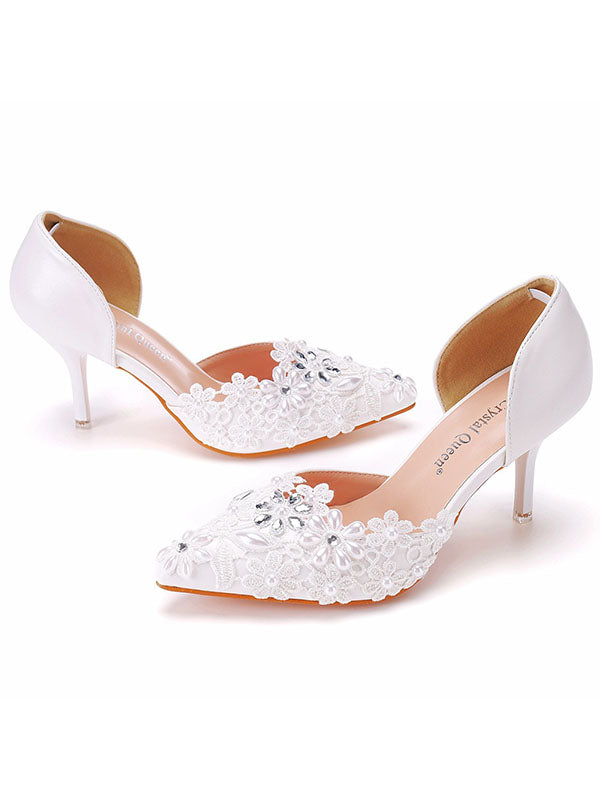 Women's Wedding Shoes Decorative Lace Pearl Wedding Heels Bridal Shoes, H96