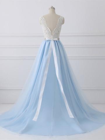Lace Straps A line Blue Skirt Long Evening Prom Dresses, 17554