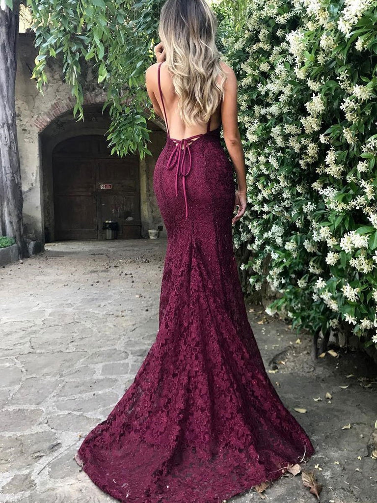 Sexy Backless Red Lace Mermaid Long Custom Evening Prom Dresses, 17396