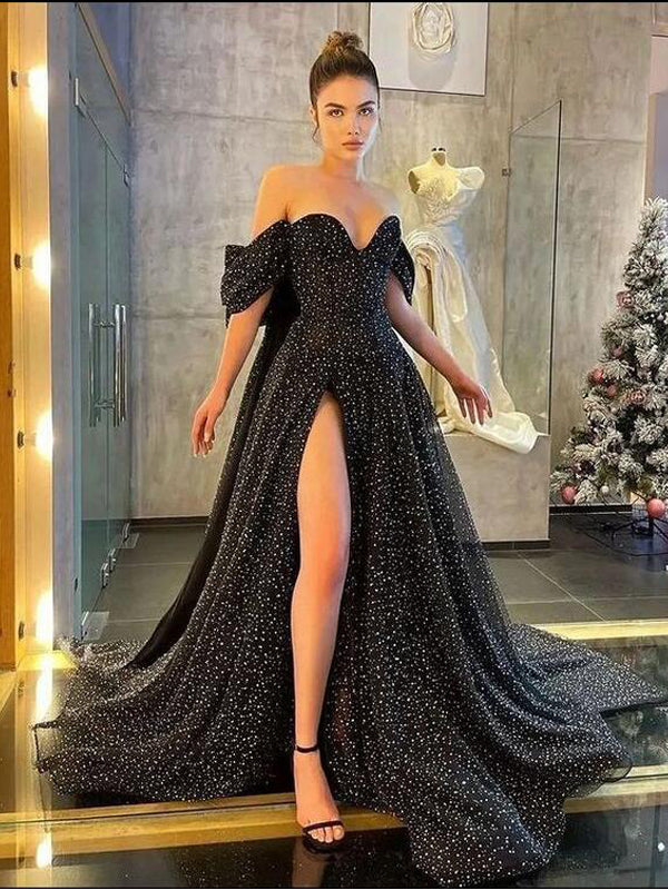 Black A-line High Slit Off Shoulder Maxi Long Prom Dresses,Evening Dresses,13009