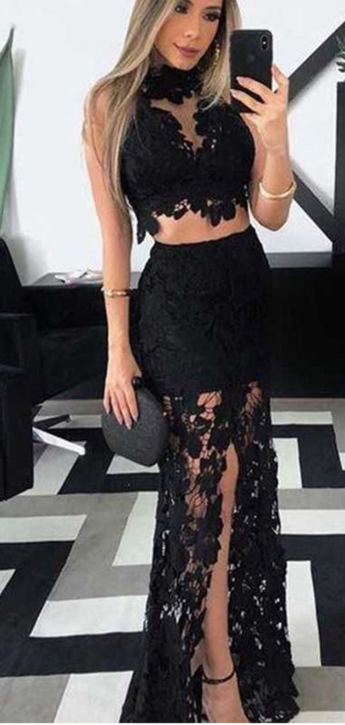 Black Mermaid Two Pieces High Slit Cheap Long Prom Dresses,12753
