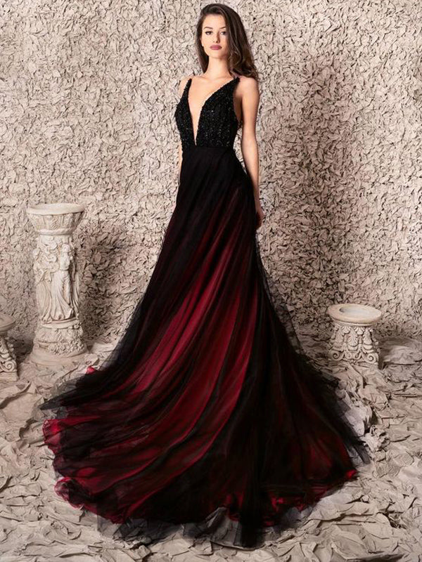 Black Red A-line Deep V-veck Cheap Long Prom Dresses Online,12756