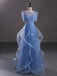 Blue A-line Short Sleeves Jewel Cheap Long Prom Dresses Online,12789