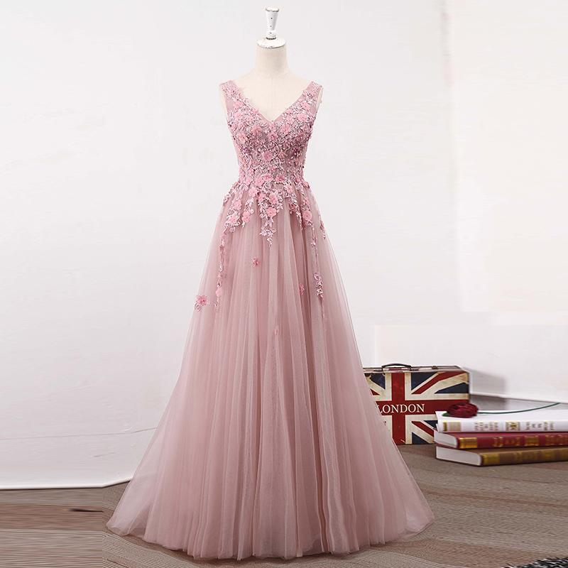 Blush Pink V Neckline Two Straps Lace Evening Prom Dresses, 2022 Party Prom Dress, Custom Long Prom Dress, Cheap Party Prom Dress, 17039