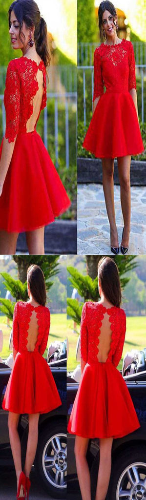 Blush red half sleeve see through lace open back charming homecoming prom gown dress,BD0023