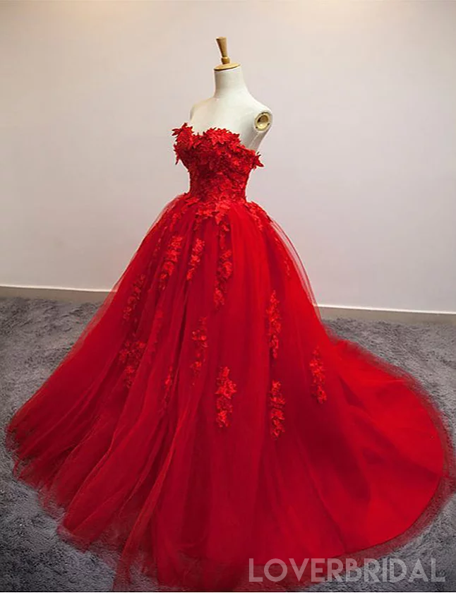 Bright Red Ball Gown Lace Cheap Long Evening Prom Dresses, Cheap Custom Sweet 16 Dresses, 18520