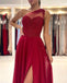 Burgundy A-line One Shoulder High Slit Cheap Long Prom Dresses,12678