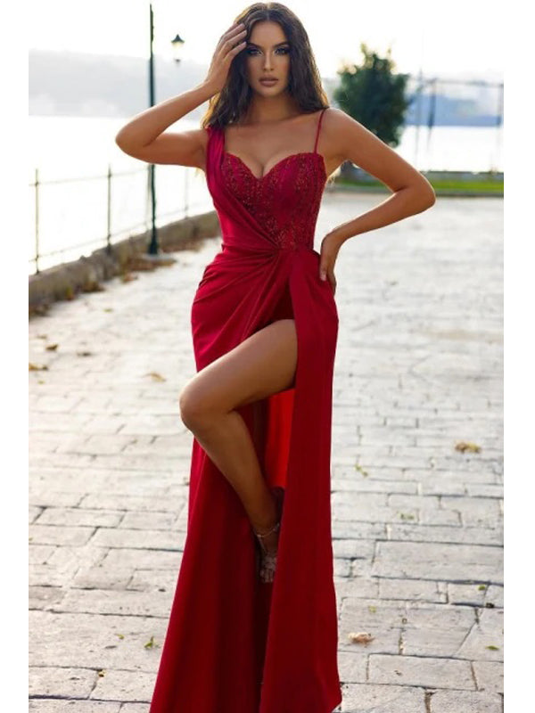 Burgundy Spaghetti Straps High Slit Cheap Long Prom Dresses Online,12730