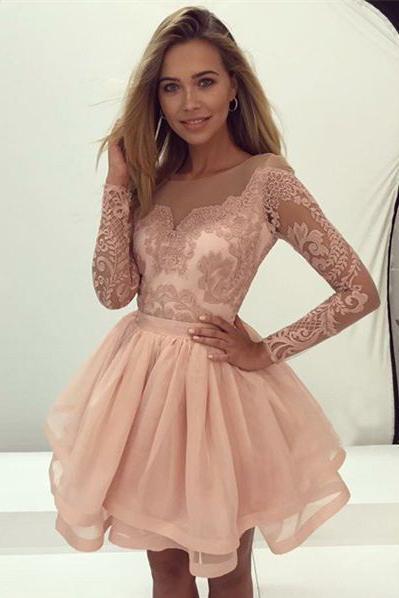 Champagne Lace Long Sleeves Illusion Short Cheap Homecoming Dresses 2018, CM545