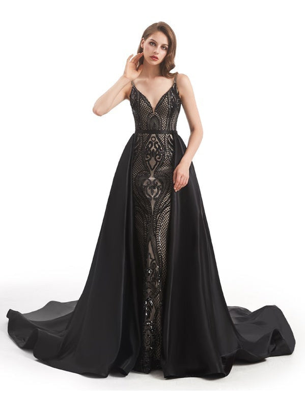 Champagne Mermaid Spaghetti Straps V-neck Long Prom Dresses Online,12588