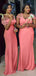 Coral Mermaid V-neck Cheap Long Bridesmaid Dresses Online,WG1173