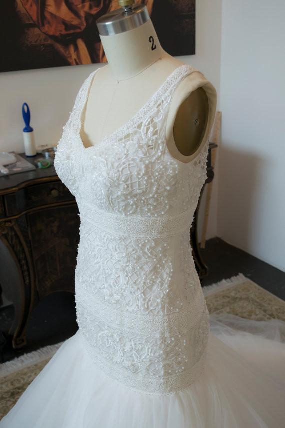 Crochet Pattern V Neck Beaded Trumpet Dramatic Lace Wedding Dress, WG641