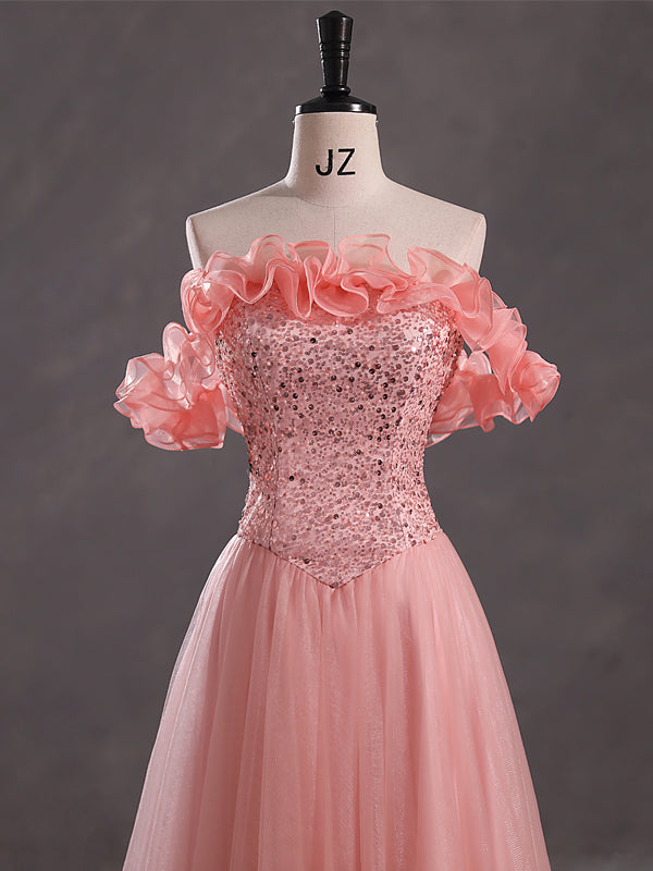 Cute Pink A-line Off Shoulder Cheap Long Prom Dresses Online,12803