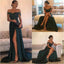 Dark Green Off Shoulder Sexy Side Slit Fashion Long Evening Prom Dresses, Popular Cheap Long Party Prom Dresses, 17305