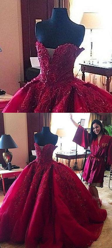 Dark Red Sweetheart Neck Lace Beaded Ball Gown Long Custom Evening Prom Dresses, 17415