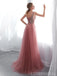 Dusty Pink V Neck Side Slit Beaded Long Evening Prom Dresses, Cheap Custom Sweet 16 Dresses, 18519
