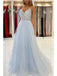 Elegant Blue A-line Spaghetti Straps V-neck Maxi Long Party Prom Dresses,13085