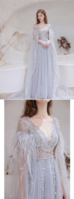 Elegant Blue A-line V-neck Long Prom Dresses Online, Evening Party Dresses,12568