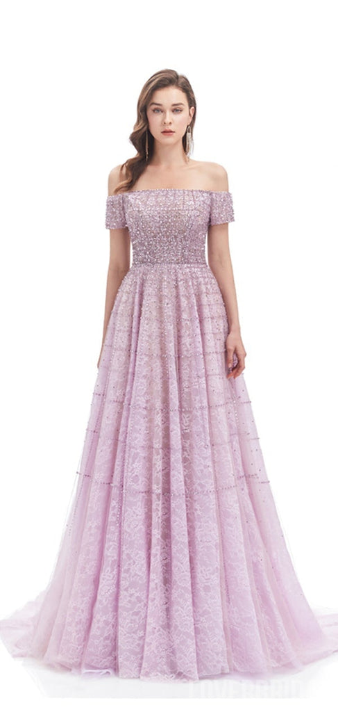Elegant Lilac A-line Short Sleeves Off Shoulder Long Prom Dresses Online,12584