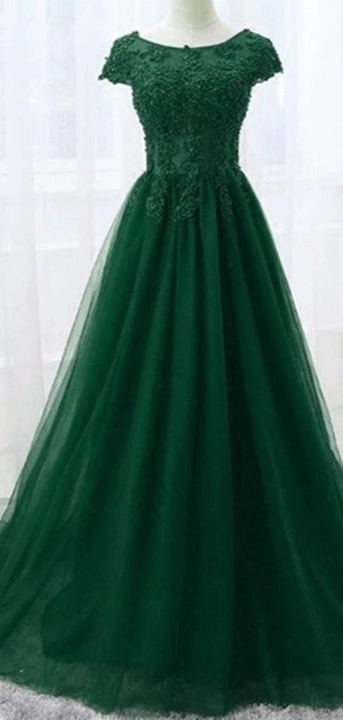 Emerald Green A-line Short Sleeves Jewel Cheap Long Prom Dresses,12693