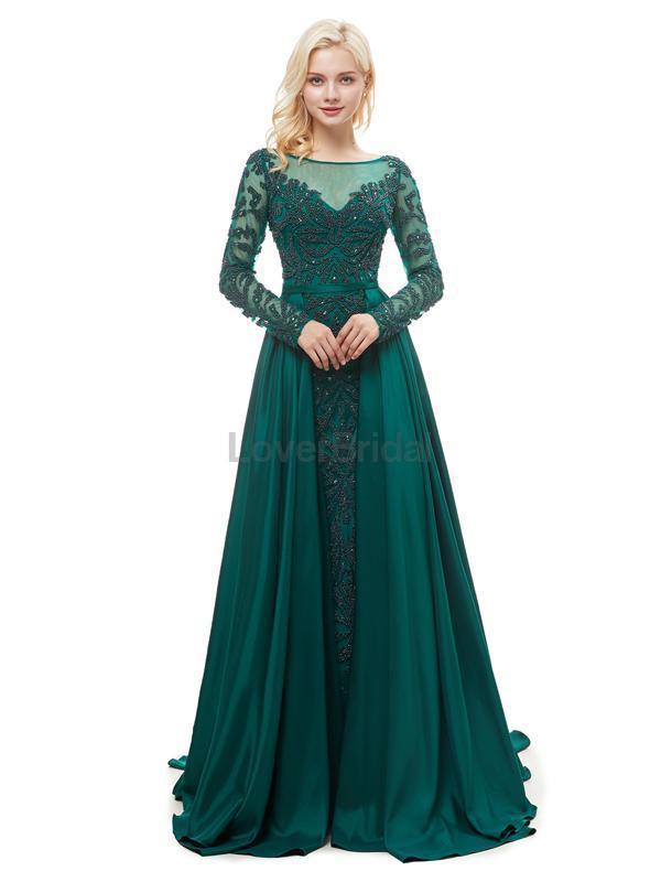 Emerald Green Long Sleeves Heavily Beaded Evening Prom Dresses, Evening Party Prom Dresses, 12051
