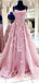 Floral A-line Pink Spaghetti Straps Backless Cheap Long Prom Dresses,12651