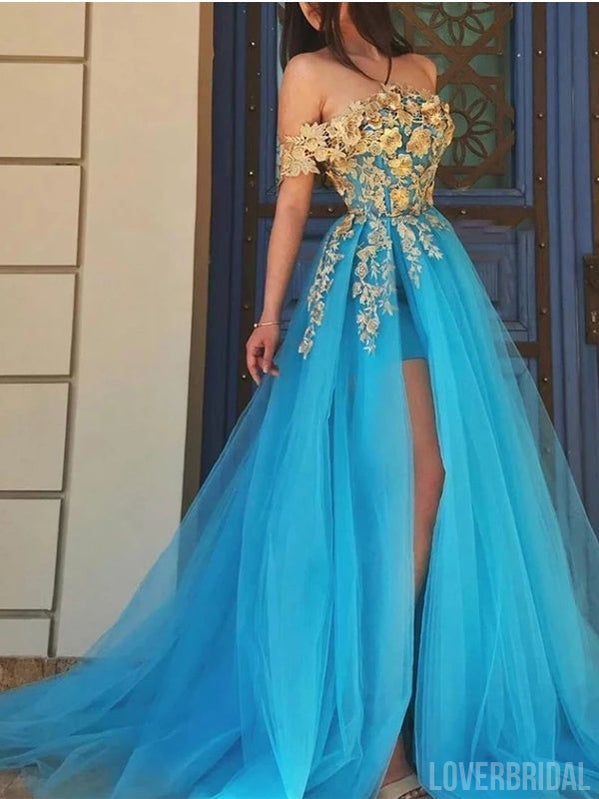 Floral Blue A-line Off Shoulder High Slit Cheap Long Prom Dresses Online,12613