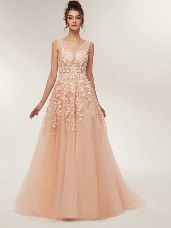 Floral Champagne A-Line Jewel Sleeveless Long Prom Dresses Online,Dance Dresses,12444