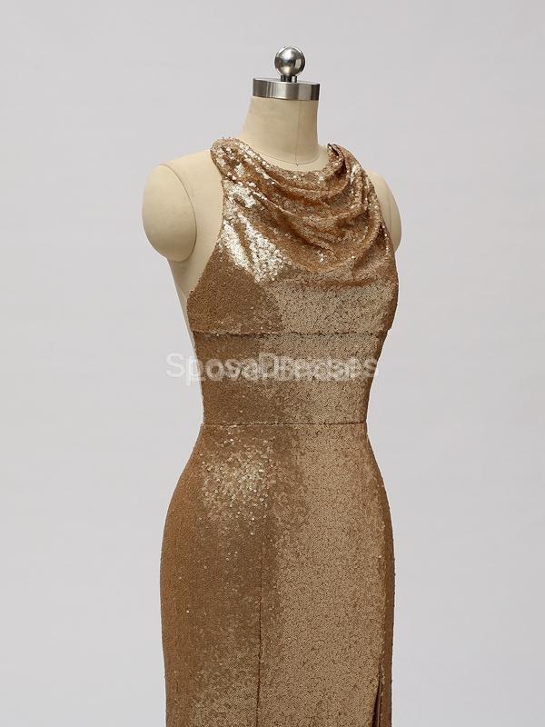 Gold Sequin See Through Halter Mermaid Long Cheap Bridesmaid Dresses Online, WG598