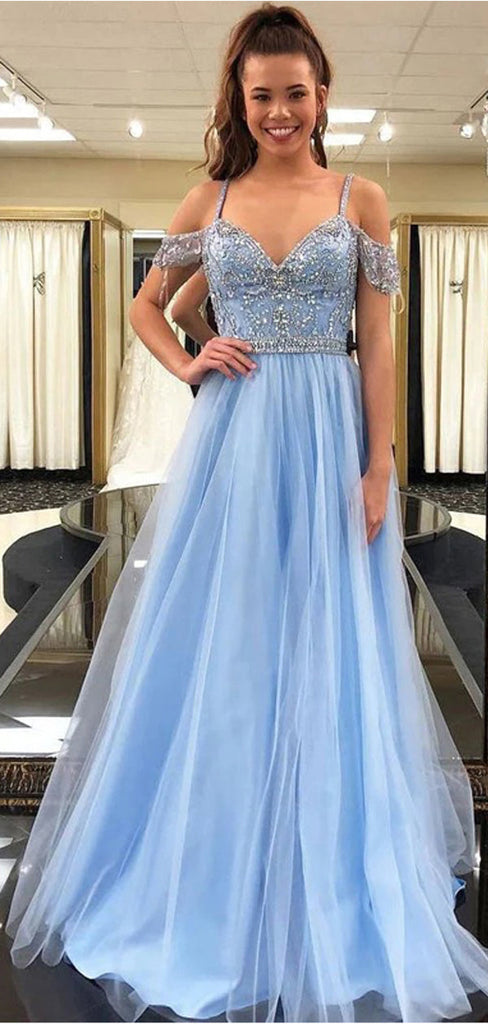 Gorgeous Blue A-line Cold Shoulder Maxi Long Prom Dresses,Evening Dresses,12917