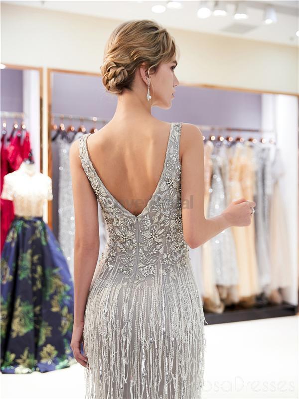 Gray V Neck Lace Beaded Mermaid Evening Prom Dresses, Evening Party Prom Dresses, 12044