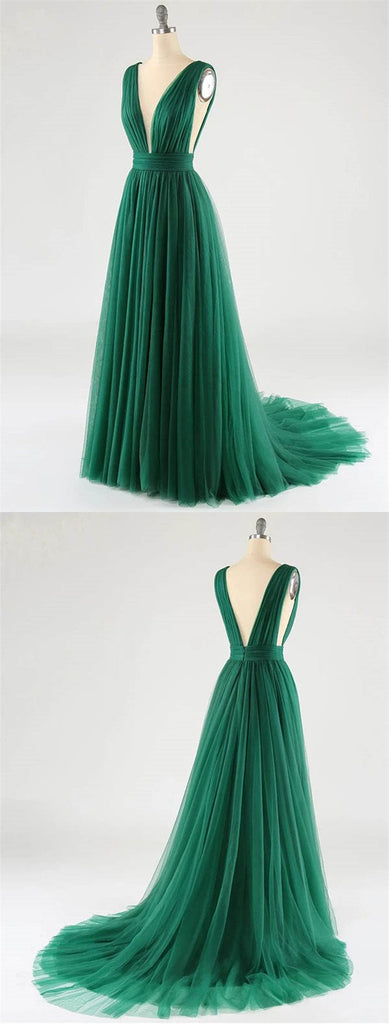 Green A-line Deep V-neck Open Back Cheap Long Prom Dresses Online,12523