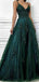 Green A-line Spaghetti Straps V-neck Maxi Long Prom Dresses,12945