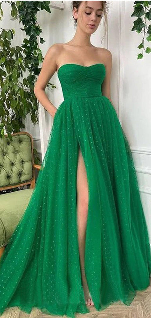 Green A-line Sweetheart Strapless Maxi Long Prom Dresses,Party Prom Dresses,13039