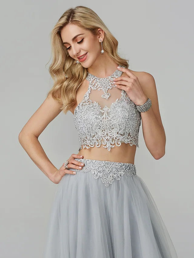 Grey A-line Two Pieces Halter Cheap Long Prom Dresses Online,12883